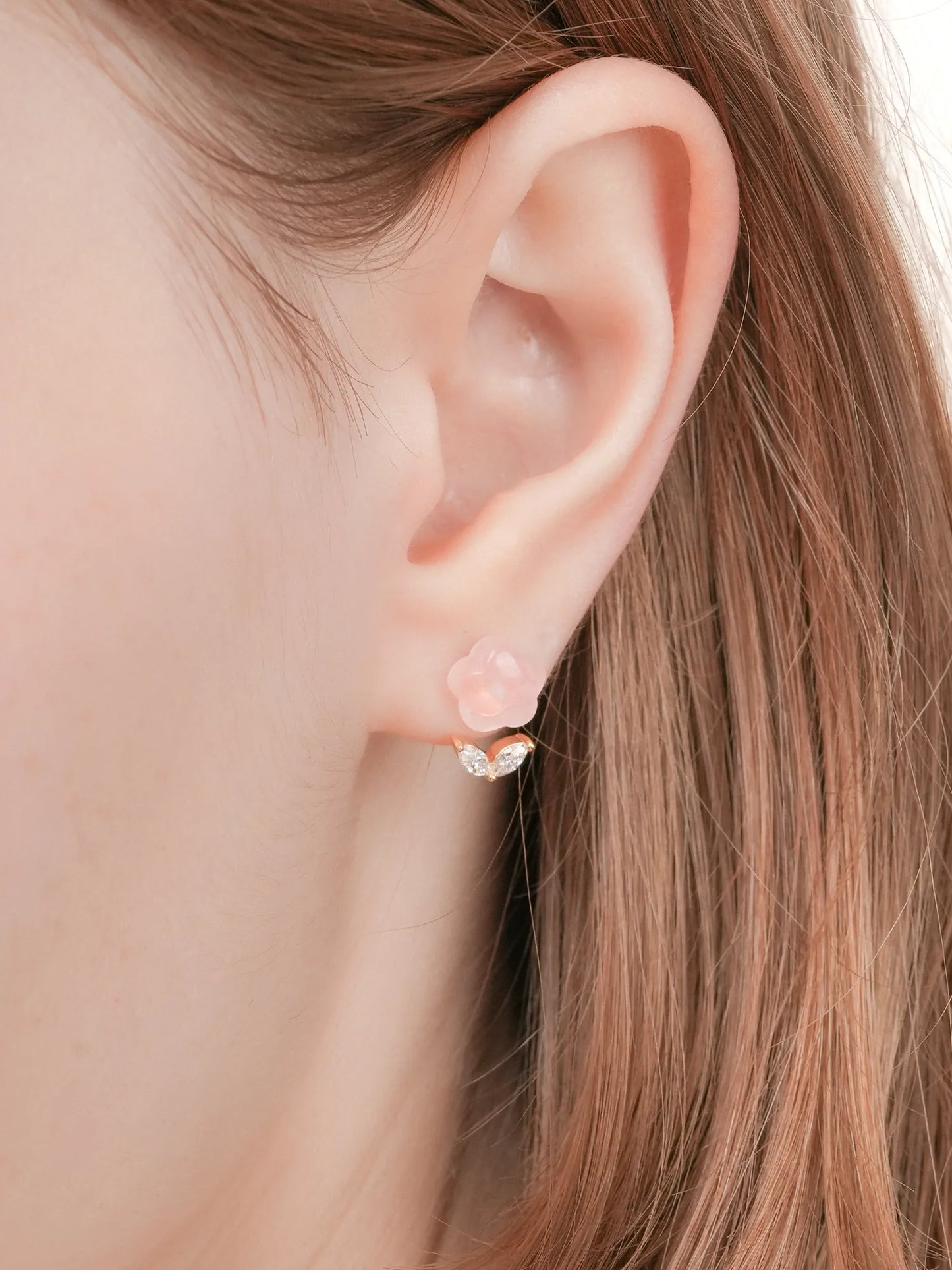 Puffy Flower Ear Jacket Earrings – Rose Quartz