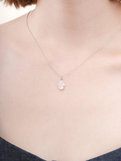 Puffy Flower Necklace Rose Quartz S925 Silver Rhodium (4) – Mondays Made Flower & Birthstone Jewelry Singapore