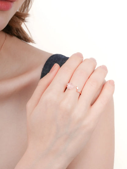 Puffy Flower Open Ring Rose Quartz 18K Rose Gold (1) – Mondays Made Flower & Birthstone Jewelry Singapore
