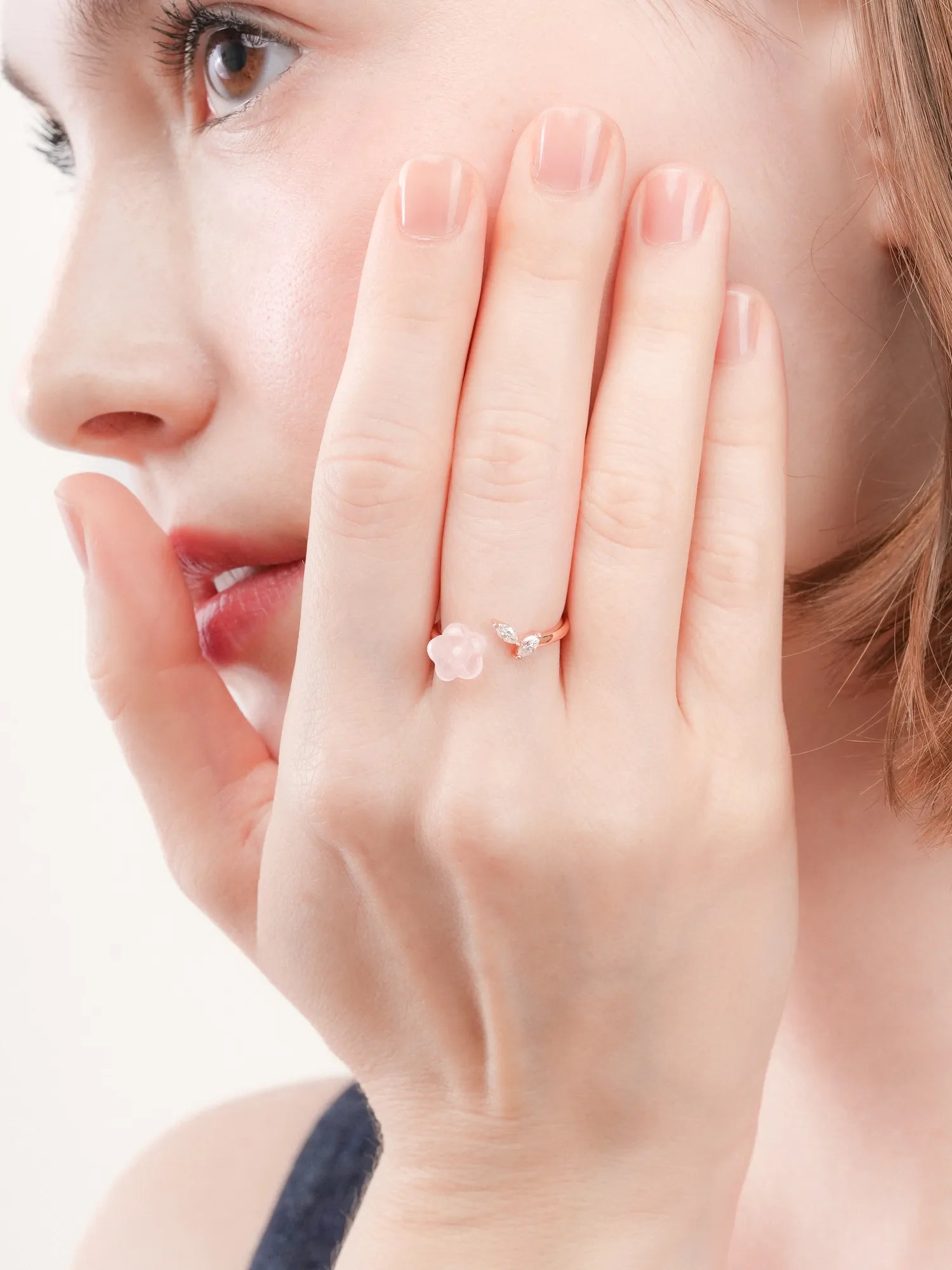 Puffy Flower Open Ring Rose Quartz 18K Rose Gold (2) – Mondays Made Flower & Birthstone Jewelry Singapore