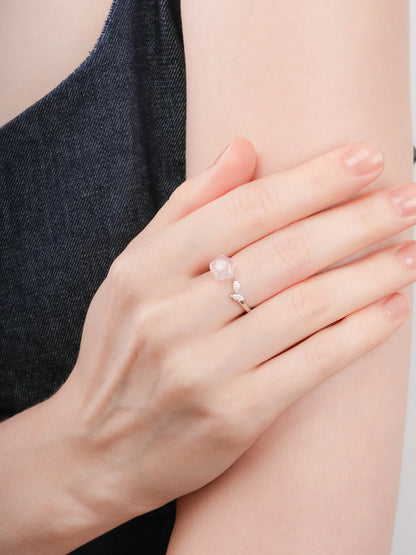 Puffy Flower Open Ring Rose Quartz S925 Silver Rhodium (1) – Mondays Made Flower & Birthstone Jewelry Singapore