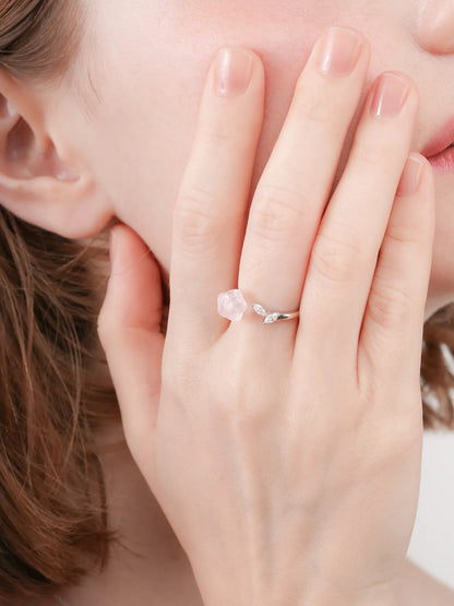 Puffy Flower Open Ring Rose Quartz S925 Silver Rhodium (2) – Mondays Made Flower & Birthstone Jewelry Singapore