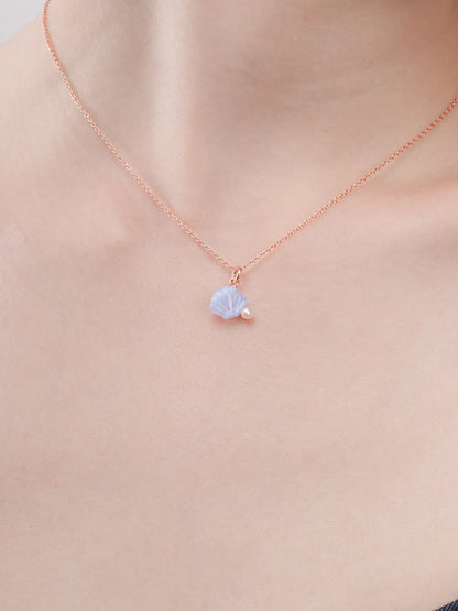 Puffy Seashell Necklace Blue Lace Agate 18K Rose Gold (4) – Mondays Made Flower & Birthstone Jewelry Singapore