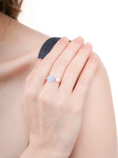Puffy Seashell Open Ring Blue Lace Agate 18K Rose Gold (1) – Mondays Made Flower & Birthstone Jewelry Singapore
