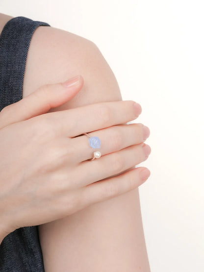 Puffy Seashell Open Ring Blue Lace Agate S925 Silver Rhodium (1) – Mondays Made Flower & Birthstone Jewelry Singapore