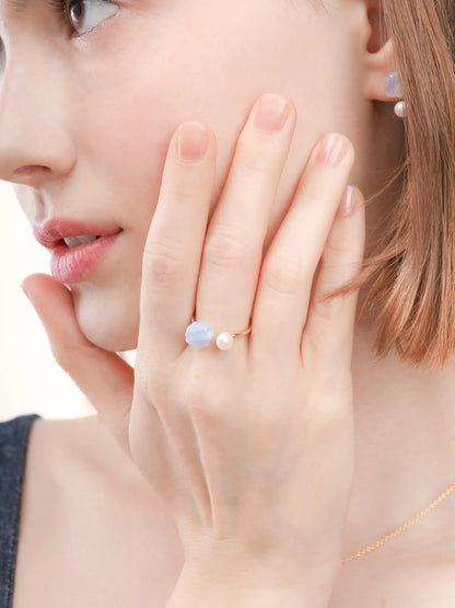 Puffy Seashell Open Ring Blue Lace Agate 18K Gold (1) – Mondays Made Flower & Birthstone Jewelry Singapore