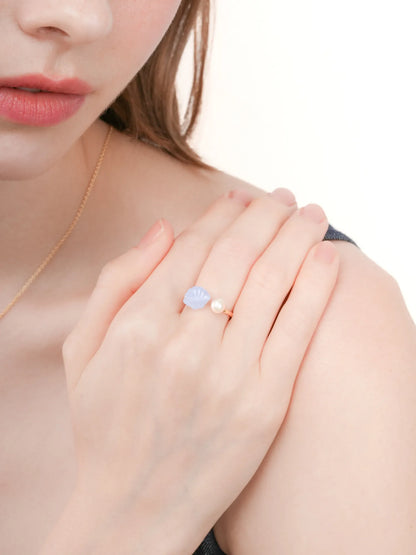 Puffy Seashell Open Ring Blue Lace Agate 18K Gold (2) – Mondays Made Flower & Birthstone Jewelry Singapore