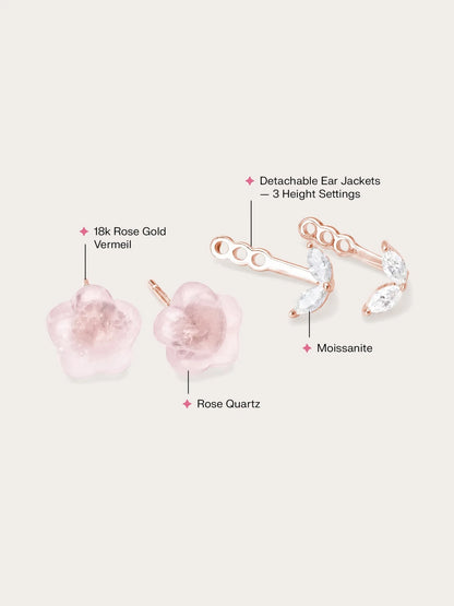 Puffy Flower Ear Jacket Earrings – Rose Quartz