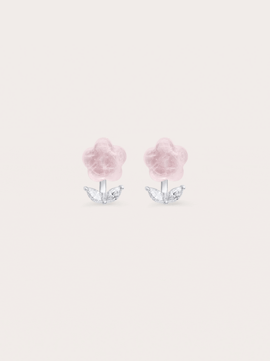 Puffy Flower Ear Jacket Earrings Rose Quartz S925 Silver Rhodium (7) – Mondays Made Flower & Birthstone Jewelry Singapore