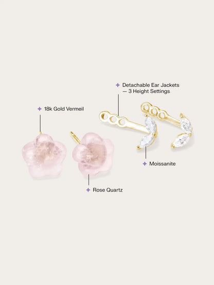 Puffy Flower Ear Jacket Earrings – Rose Quartz