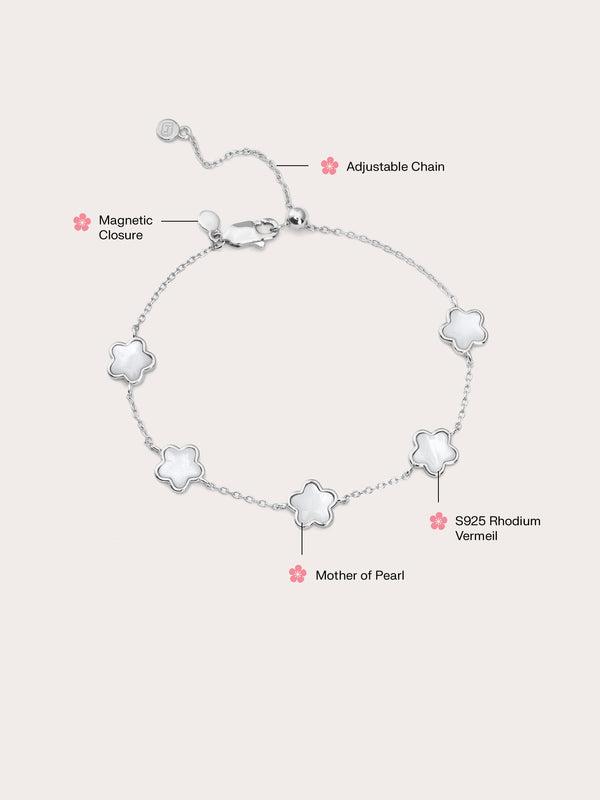 Puffy Sakura Mother Of Pearl Bracelet S925 Silver Rhodium (4) – Mondays Made Flower & Birthstone Jewelry Singapore