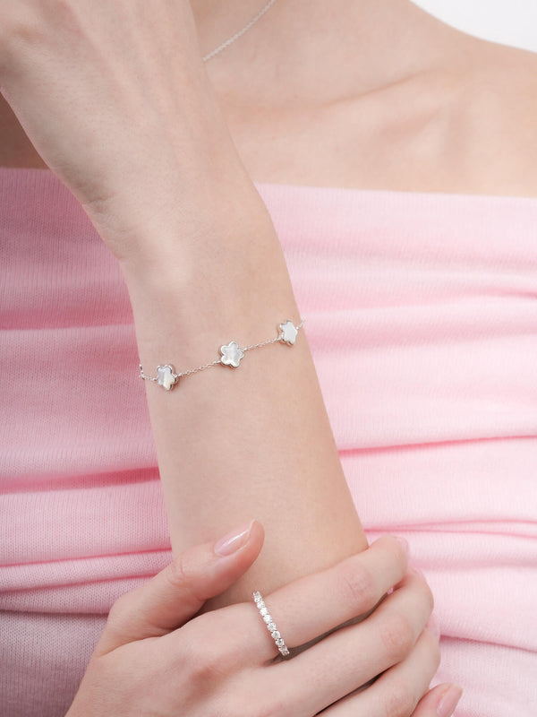 Puffy Sakura Mother Of Pearl Bracelet S925 Silver Rhodium (3) – Mondays Made Flower & Birthstone Jewelry Singapore