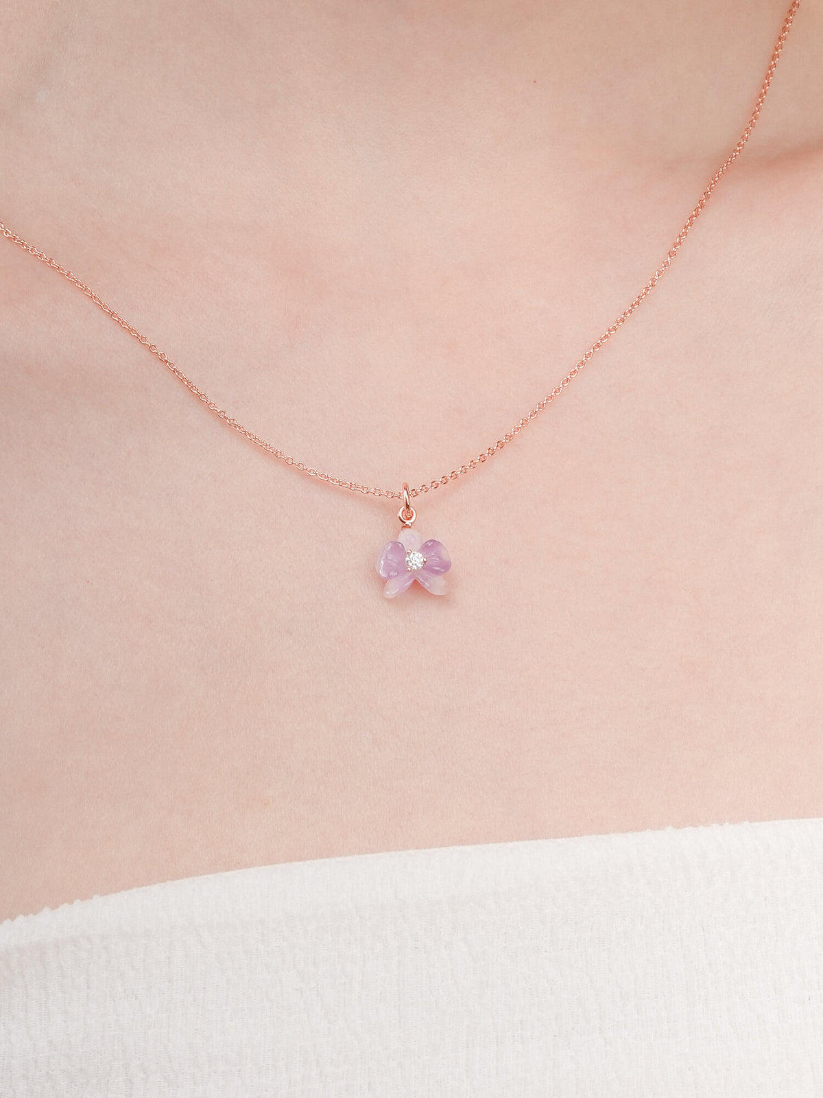 Purple Orchid Necklace 18K Rose Gold (1) – Mondays Made Flower & Birthstone Jewelry Singapore