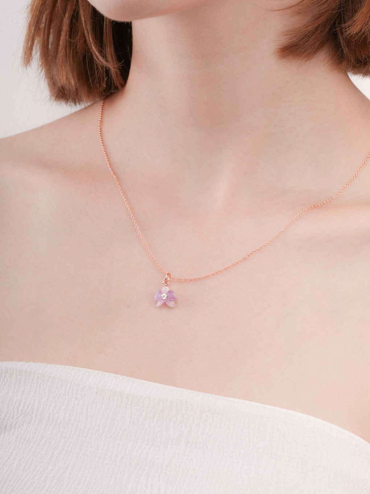 Purple Orchid Necklace 18K Rose Gold (3) – Mondays Made Flower & Birthstone Jewelry Singapore