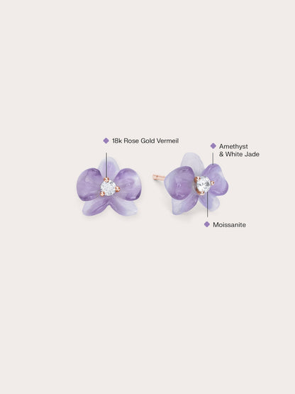 Purple Orchid Stud Earrings Amethyst 18K Rose Gold (2) – Mondays Made Flower & Birthstone Jewelry Singapore