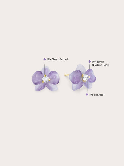 Purple Orchid Stud Earrings Amethyst 18K Gold (2) – Mondays Made Flower & Birthstone Jewelry Singapore