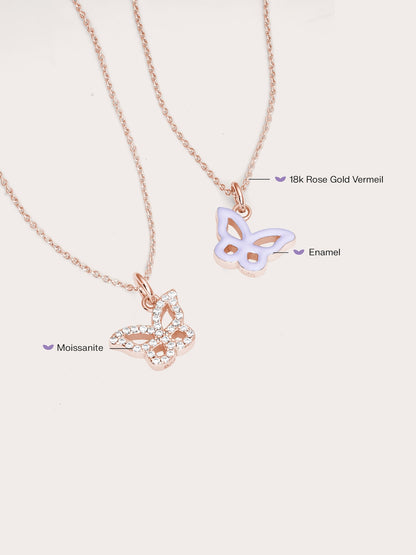 Purple Butterfly Necklace Reversible Enamel Moissanite 18K Rose Gold (7) – Mondays Made Flower & Birthstone Jewelry Singapore