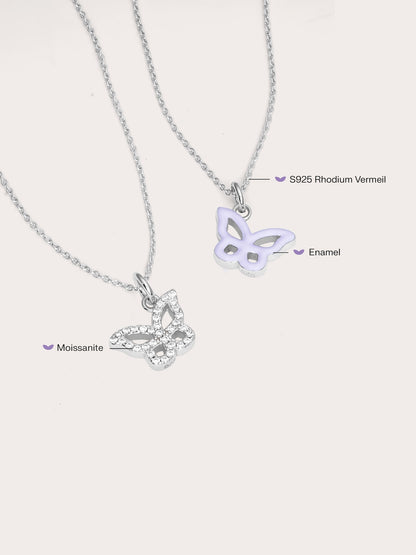 Purple Butterfly Necklace Reversible Enamel Moissanite S925 Silver Rhodium (6) – Mondays Made Flower & Birthstone Jewelry Singapore