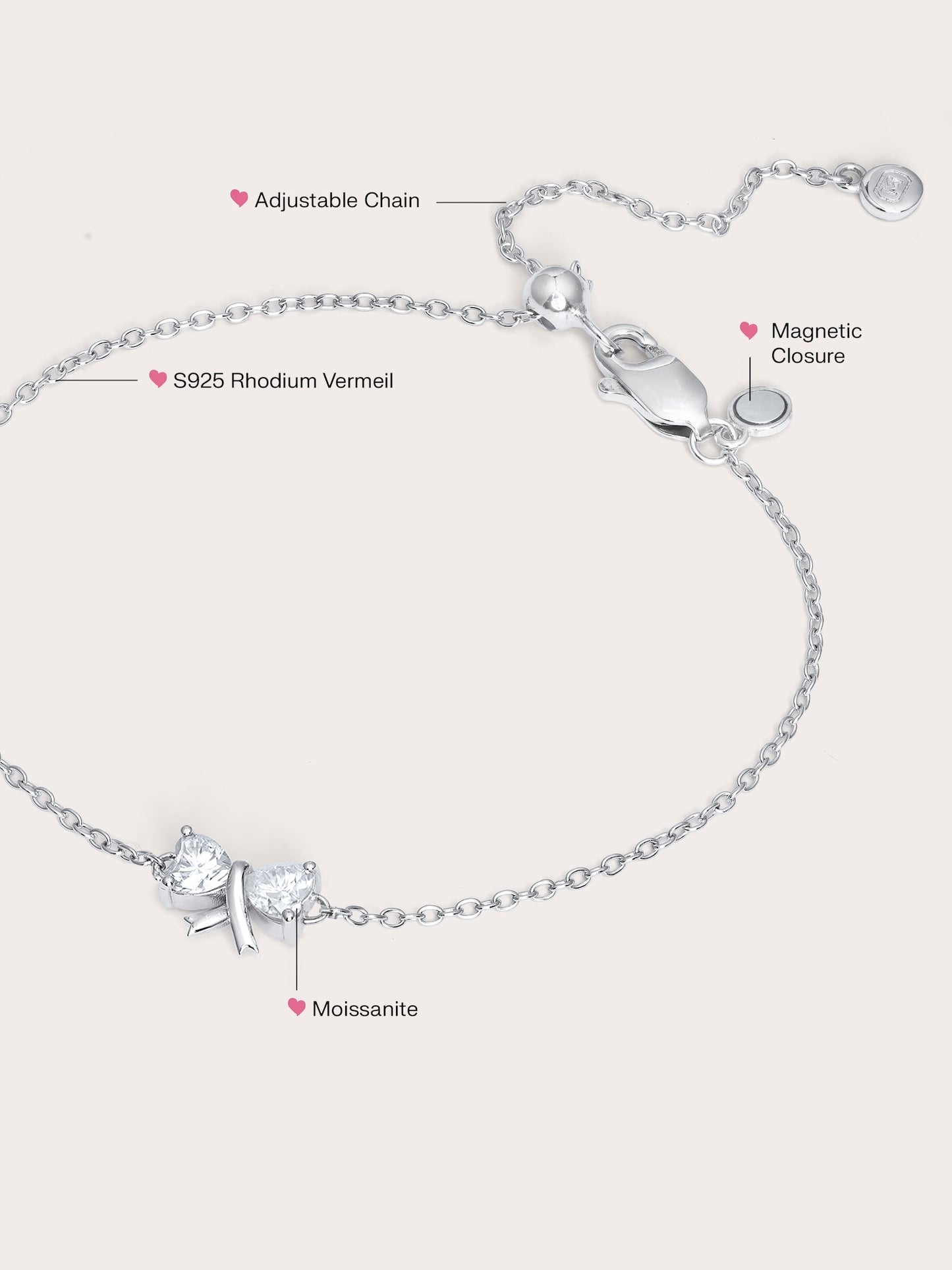 Ribbon Bow Heart Moissanite Bracelet - Reversible