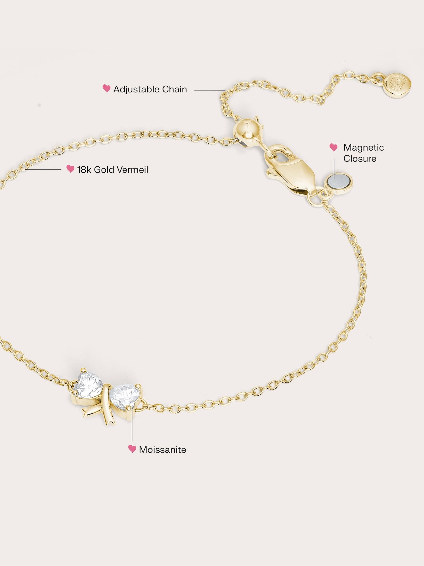 Ribbon Bow Heart Moissanite Bracelet - Reversible