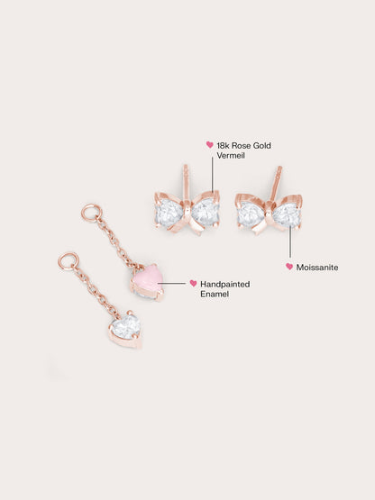 Ribbon Bow Heart Moissanite Dangle Earrings 18K Rose Gold (2) – Mondays Made Flower & Birthstone Jewelry Singapore