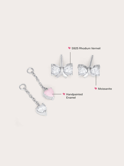 Ribbon Bow Heart Moissanite Dangle Earrings S925 Silver Rhodium (2) – Mondays Made Flower & Birthstone Jewelry Singapore
