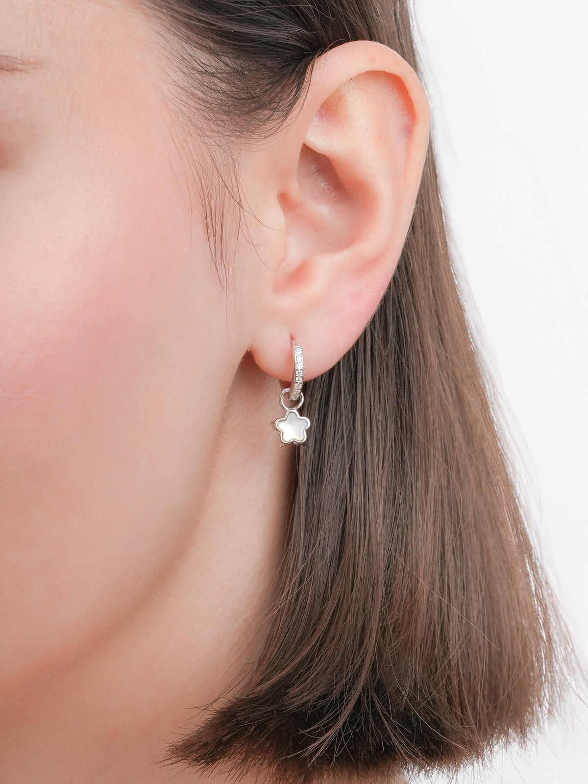 Sakura Huggie Earrings S925 Silver Rhodium (1) – Mondays Made Flower & Birthstone Jewelry Singapore
