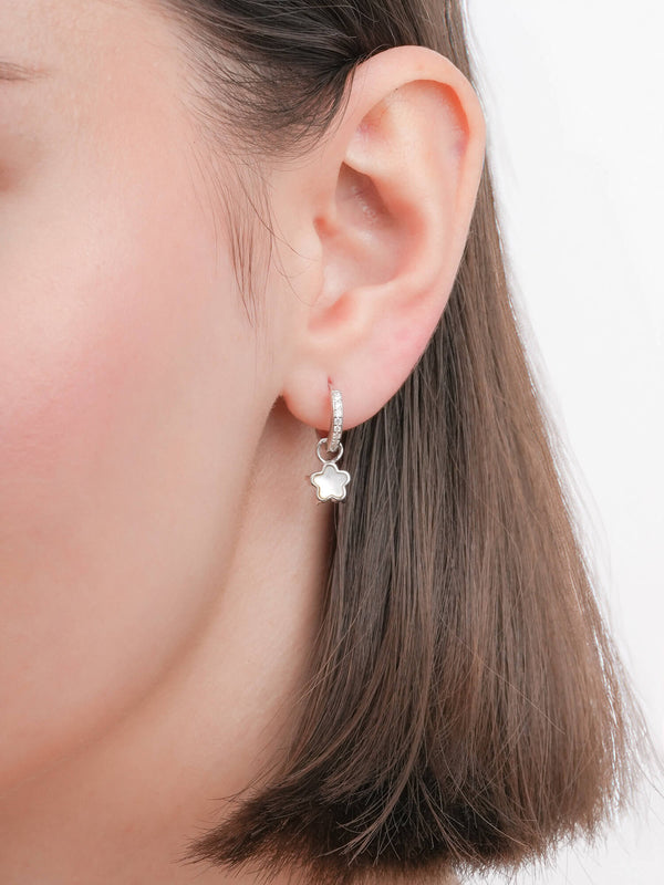 Sakura Huggie Earrings S925 Silver Rhodium (1) – Mondays Made Flower & Birthstone Jewelry Singapore