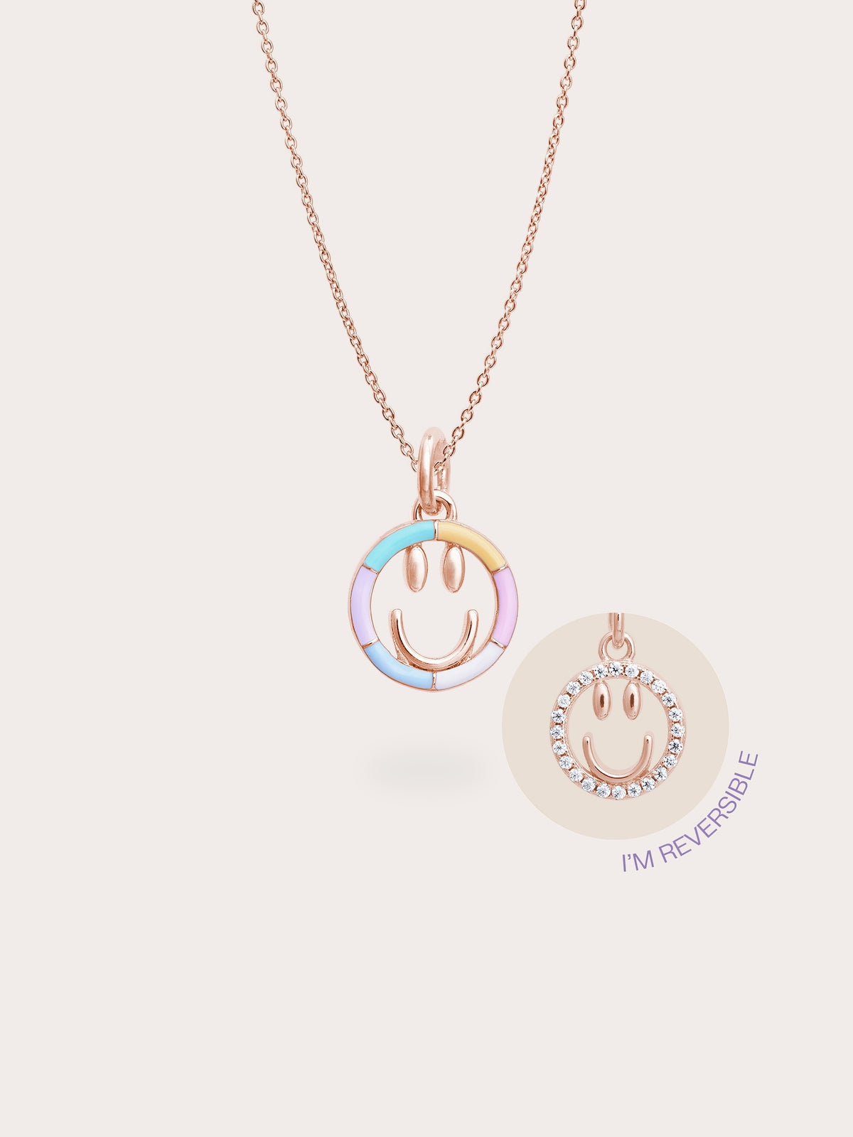 Smiley Face Necklace Reversible Enamel Moissanite 18K Rose Gold (2) – Mondays Made Flower & Birthstone Jewelry Singapore
