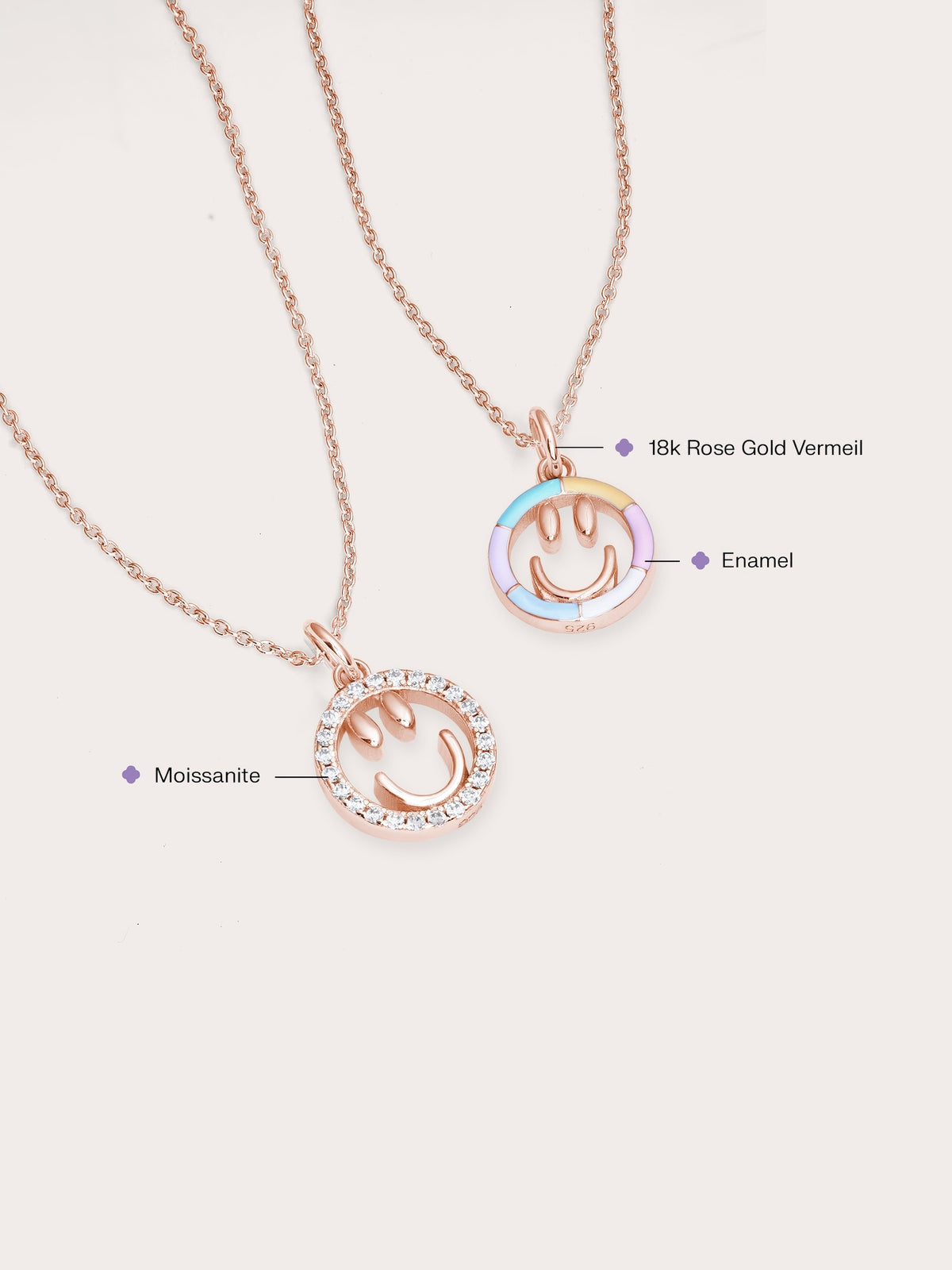 Smiley Face Necklace Reversible Enamel Moissanite 18K Rose Gold (3) – Mondays Made Flower & Birthstone Jewelry Singapore