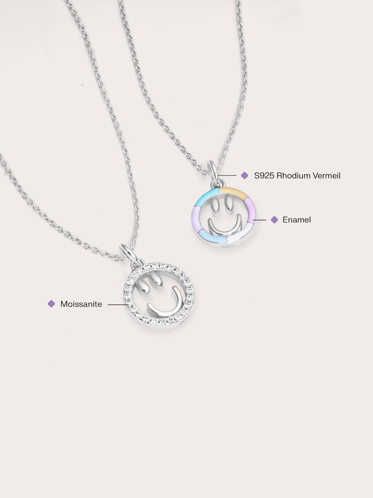 Smiley Face Necklace Reversible Enamel Moissanite S925 Silver Rhodium (2) – Mondays Made Flower & Birthstone Jewelry Singapore