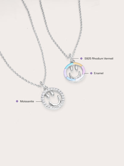 Smiley Face Necklace Reversible Enamel Moissanite S925 Silver Rhodium (2) – Mondays Made Flower & Birthstone Jewelry Singapore