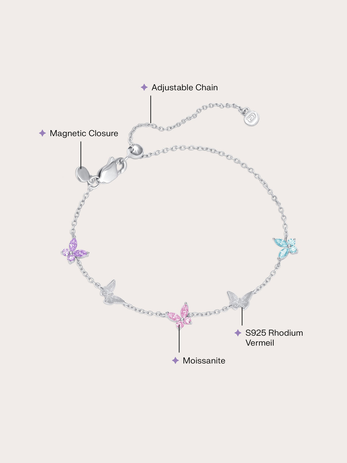 Soft Flutter Butterfly Charm Bracelet Spring Pastels S925 Silver Rhodium (2) – Mondays Made Flower & Birthstone Jewelry Singapore