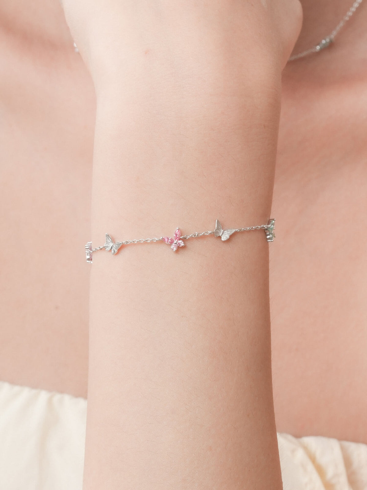 Soft Flutter Butterfly Charm Bracelet Spring Pastels S925 Silver Rhodium (5) – Mondays Made Flower & Birthstone Jewelry Singapore