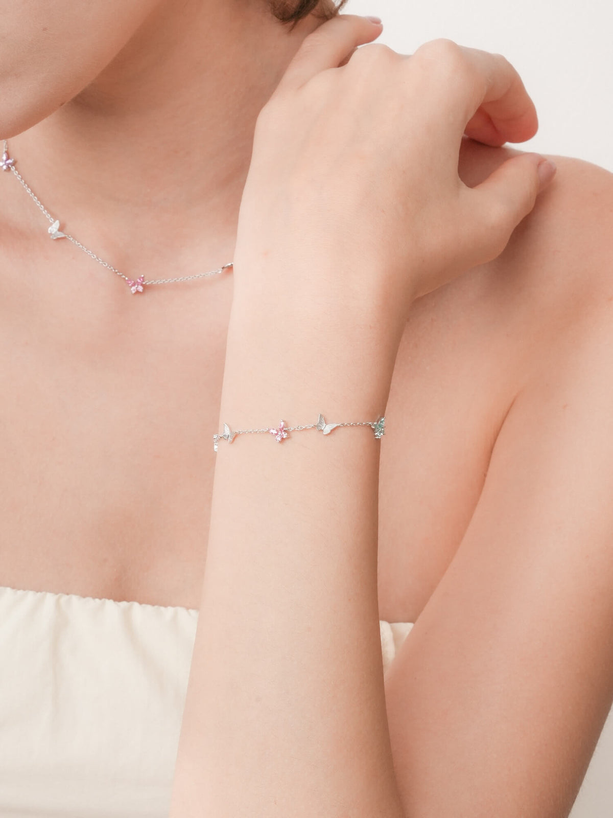 Soft Flutter Butterfly Charm Bracelet Spring Pastels S925 Silver Rhodium (7) – Mondays Made Flower & Birthstone Jewelry Singapore