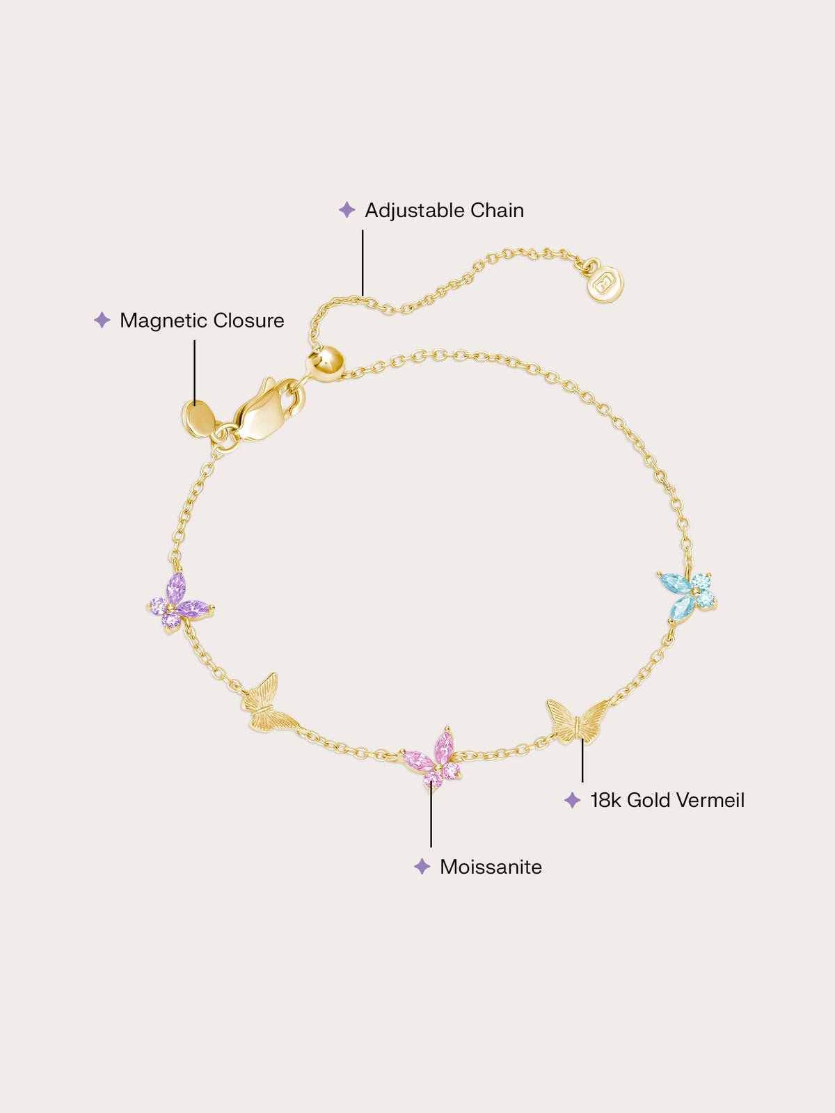 Soft Flutter Butterfly Charm Bracelet Spring Pastels 18K Gold (2) – Mondays Made Flower & Birthstone Jewelry Singapore