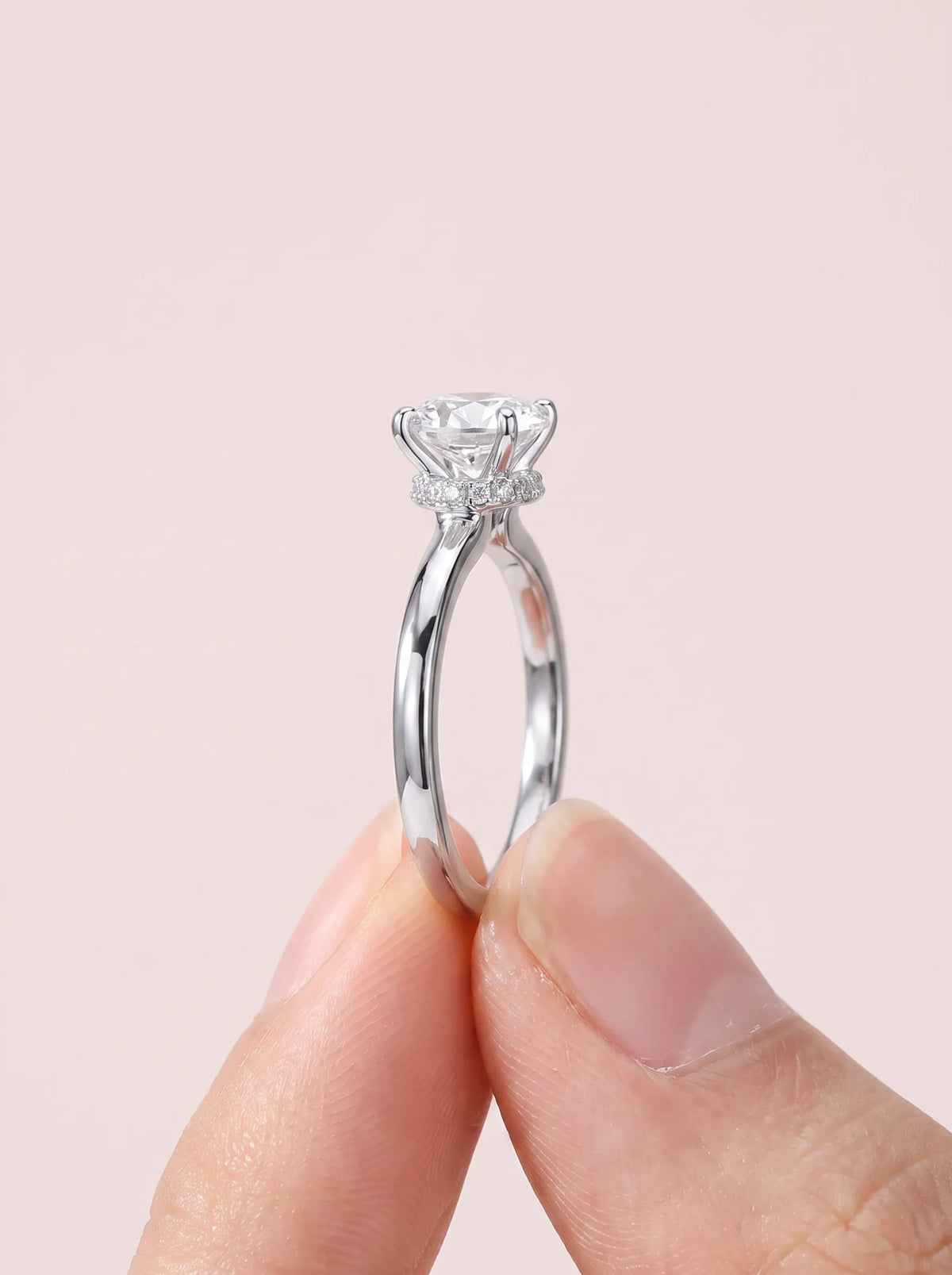 Close-up macro of Solitaire Moissanite Arch Ring showing moissanite and craftmanship