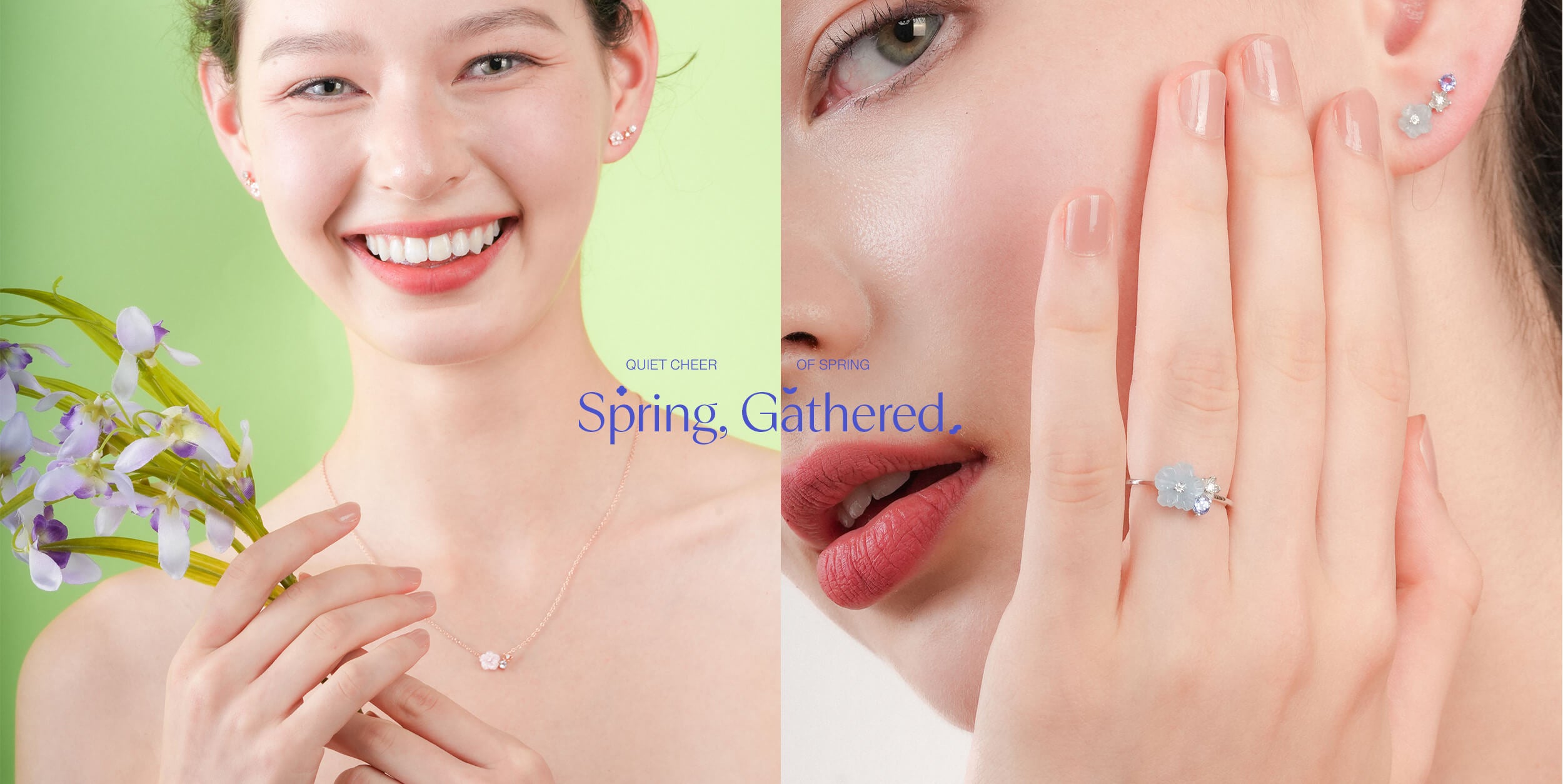 Collage of a woman with flower cluster jewelry and flowers, with text overlay "Quiet cheer of Spring: Spring, Gathered"