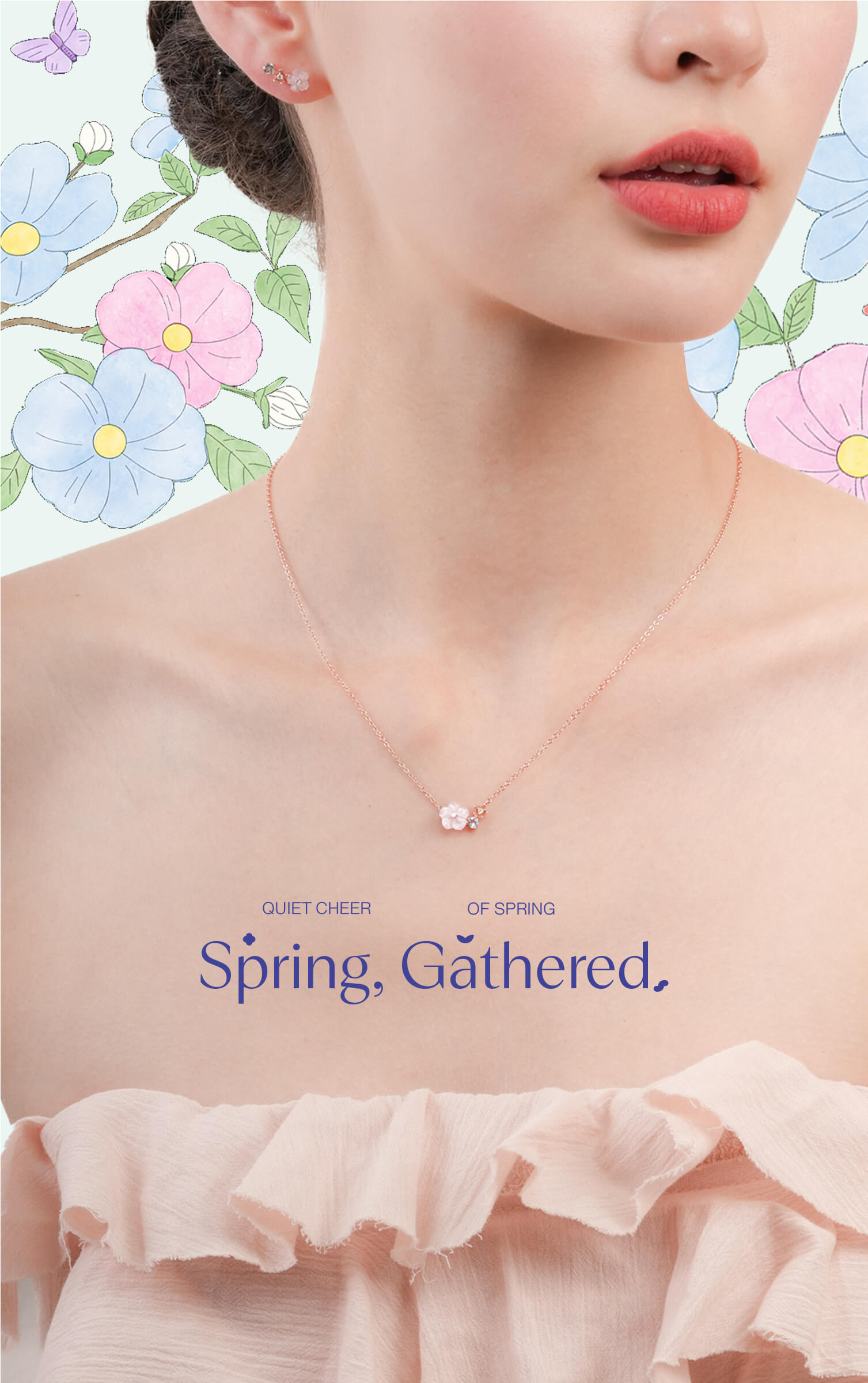 Woman wearing a delicate flower cluster necklace with a floral background and 'Spring Gathered' overlay text.