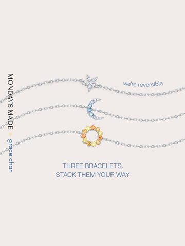 Star Moon Sun Bracelet Set S925 Silver Rhodium (1) – Mondays Made Flower & Birthstone Jewelry Singapore