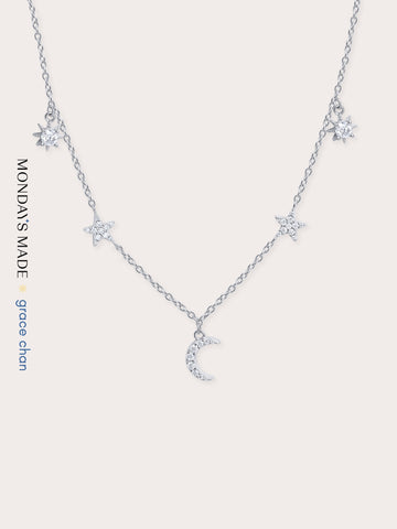 Sun Moon Stars Charm Necklace S925 Silver Rhodium (1) – Mondays Made Flower & Birthstone Jewelry Singapore