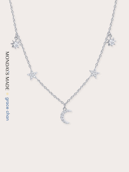 Sun Moon Stars Charm Necklace S925 Silver Rhodium (1) – Mondays Made Flower & Birthstone Jewelry Singapore