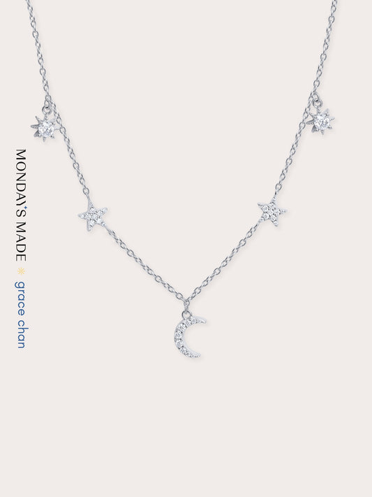 Sun Moon Stars Charm Necklace S925 Silver Rhodium (1) – Mondays Made Flower & Birthstone Jewelry Singapore