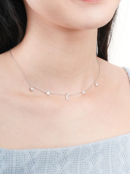 Sun Moon Stars Charm Necklace S925 Silver Rhodium (5) – Mondays Made Flower & Birthstone Jewelry Singapore