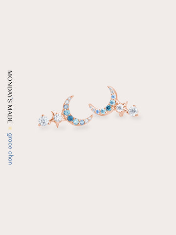 Sun Moon Stars Climber Earrings 18K Rose Gold (2) – Mondays Made Flower & Birthstone Jewelry Singapore