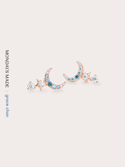 Sun Moon Stars Climber Earrings 18K Rose Gold (2) – Mondays Made Flower & Birthstone Jewelry Singapore