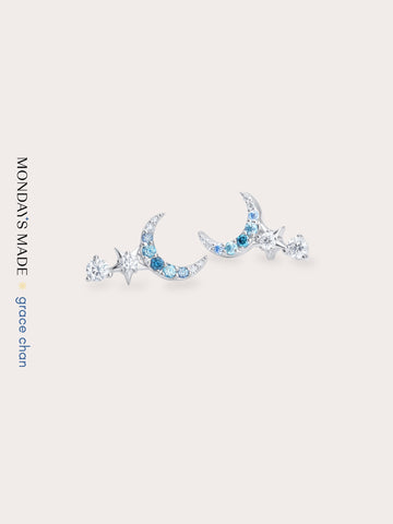 Sun Moon Stars Climber Earrings S925 Silver Rhodium (2) – Mondays Made Flower & Birthstone Jewelry Singapore