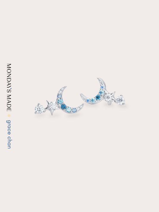 Sun Moon Stars Climber Earrings S925 Silver Rhodium (2) – Mondays Made Flower & Birthstone Jewelry Singapore