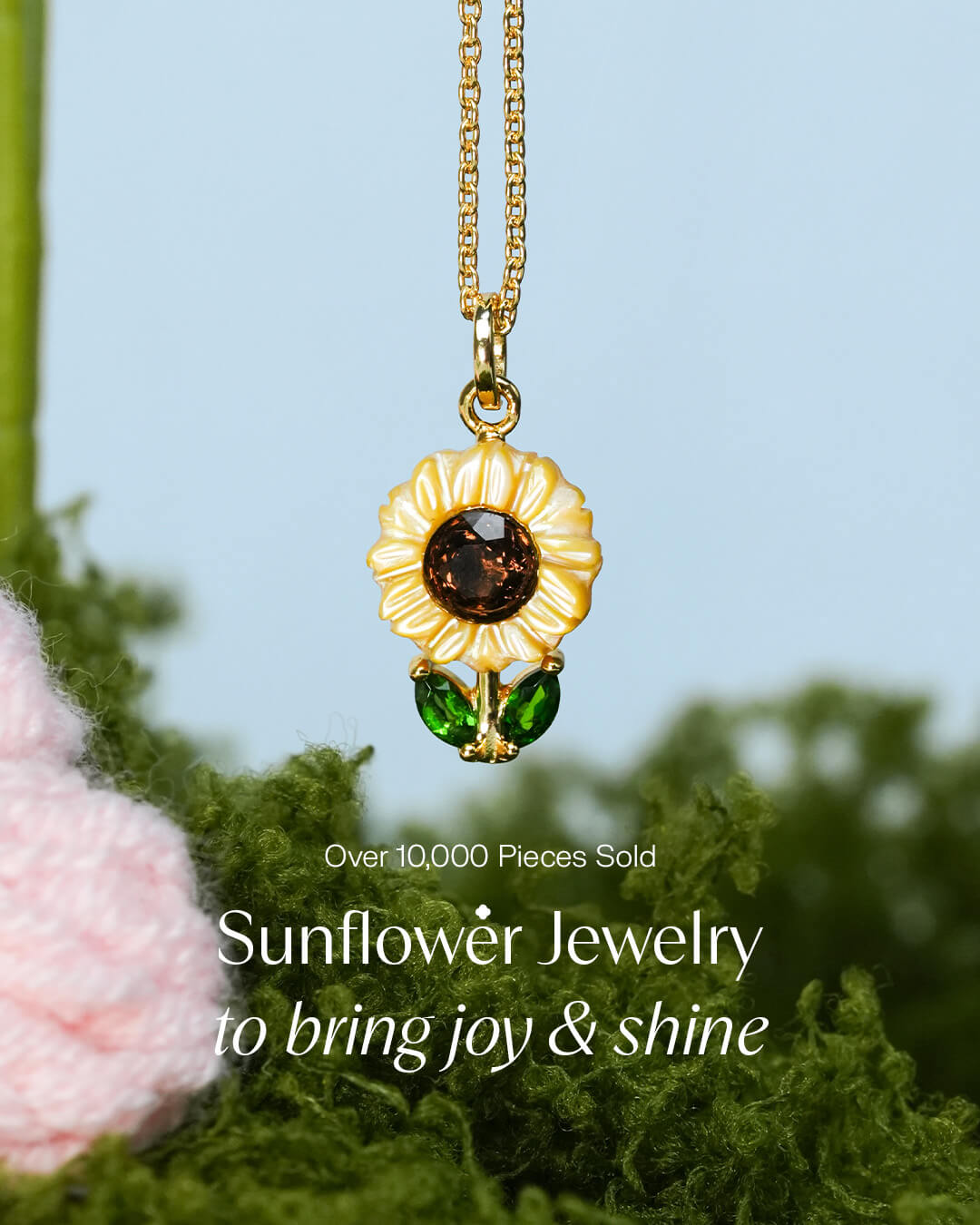 Close up of Mondays Made's Carved Sunflower Necklace in 18k Gold Vermeil with a text overlay "Over 10,000 Pieces Sold, Sunflower Jewelry to bring joy & shine"