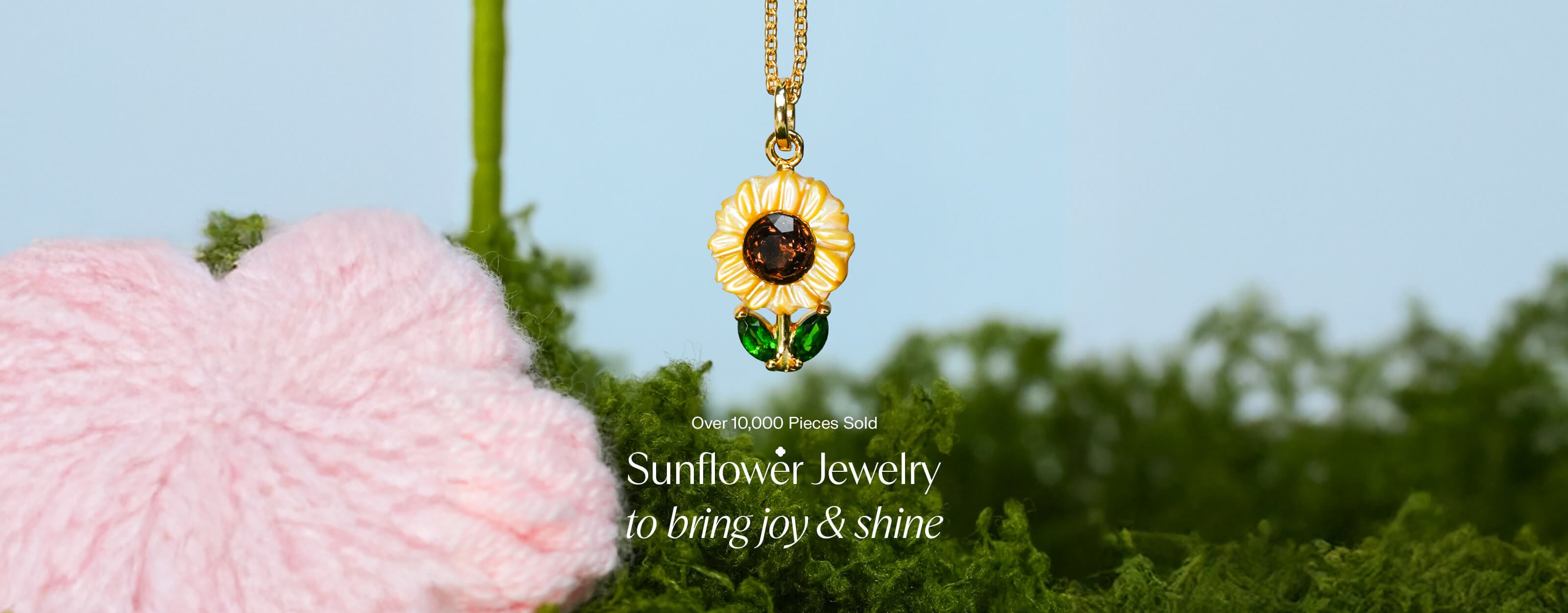 Close up of Mondays Made's Carved Sunflower Necklace in 18k Gold Vermeil with a text overlay "Over 10,000 Pieces Sold, Sunflower Jewelry to bring joy & shine"